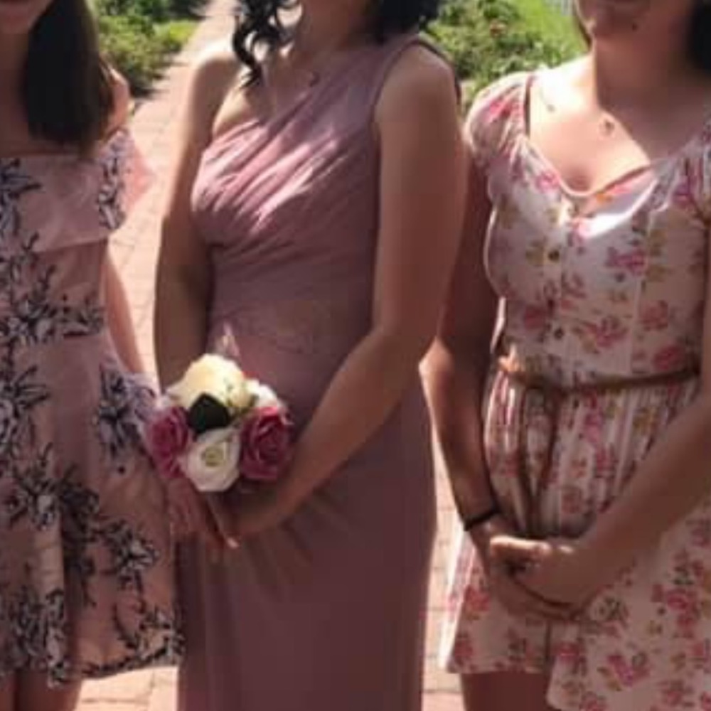 One shoulder, dusty rose bridesmaid dress from David’s Bridal! Worn once